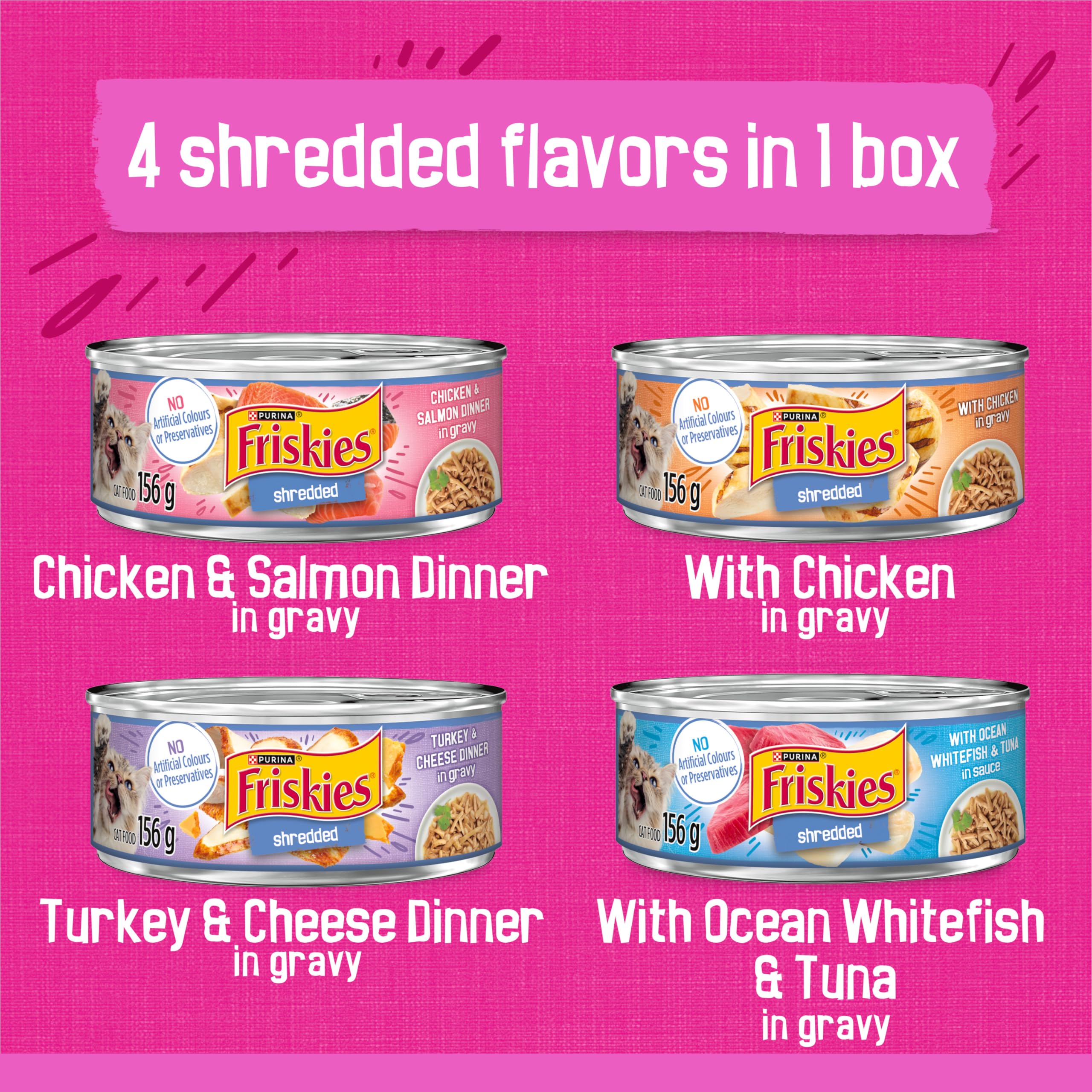 Friskies Shredded Wet Cat Food, Poultry & Fish Combo Variety Pack 4 Flavours - 156 g Can (32 Pack) 🍁 All In One Marketplace Canada