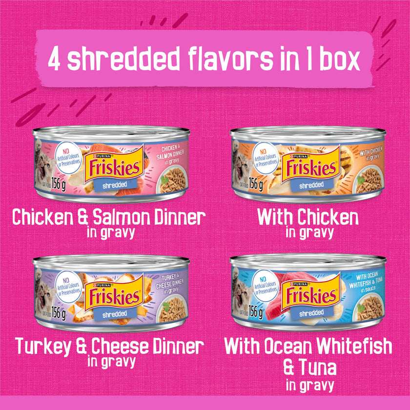Friskies Shredded Wet Cat Food, Poultry & Fish Combo Variety Pack 4 Flavours - 156 g Can (32 Pack) 🍁 All In One Marketplace Canada
