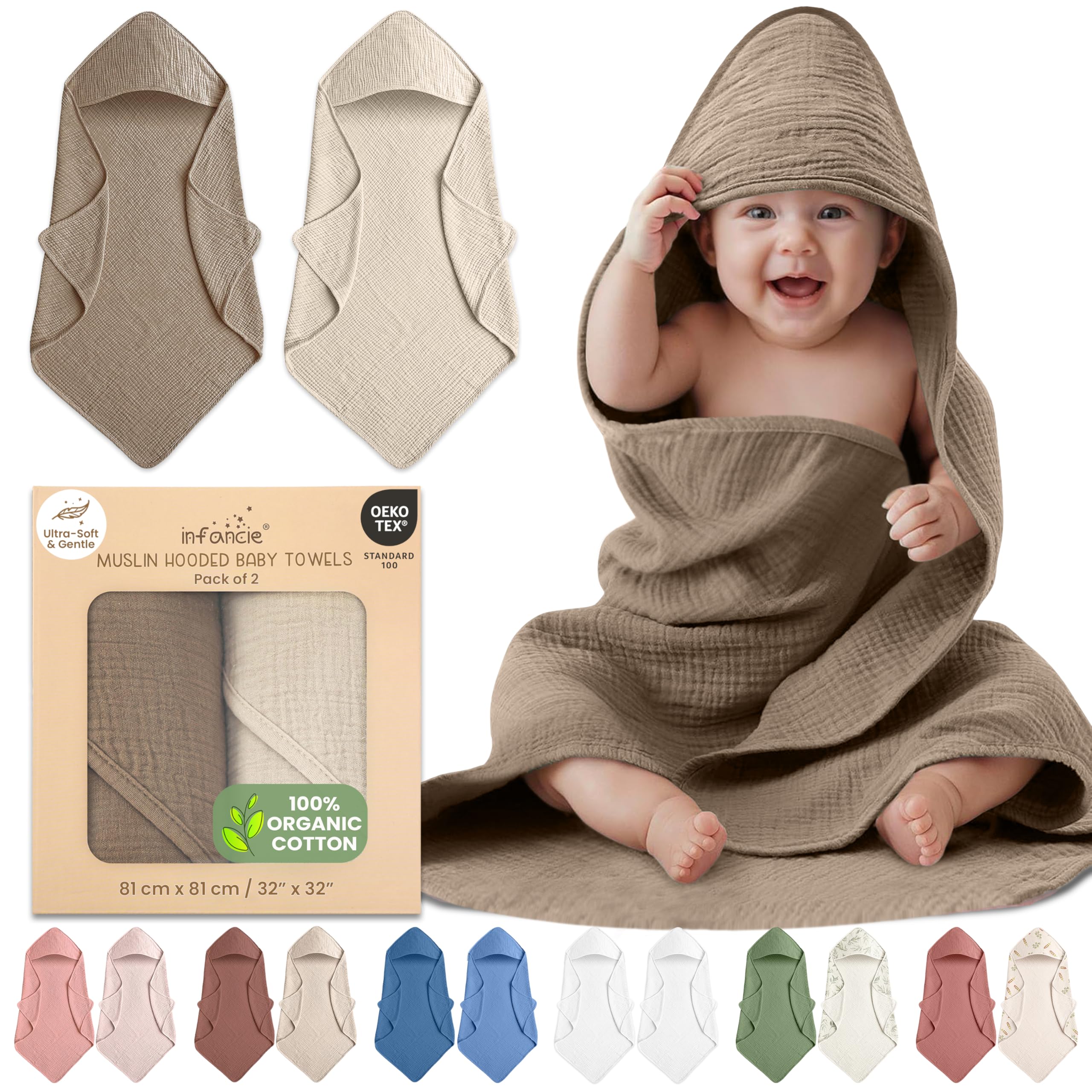 Infancie 100% Organic Cotton Muslin Hooded Baby Towels 2 Pack 81 X 81 CM Shower Towel Soft Breathable Lightweight Quick Dry Gentle On Baby Skin for Newborns and Infants 🍁 All In One Marketplace Canada