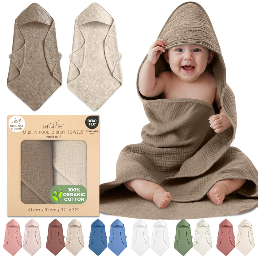 Infancie 100% Organic Cotton Muslin Hooded Baby Towels 2 Pack 81 X 81 CM Shower Towel Soft Breathable Lightweight Quick Dry Gentle On Baby Skin for Newborns and Infants 🍁 All In One Marketplace Canada