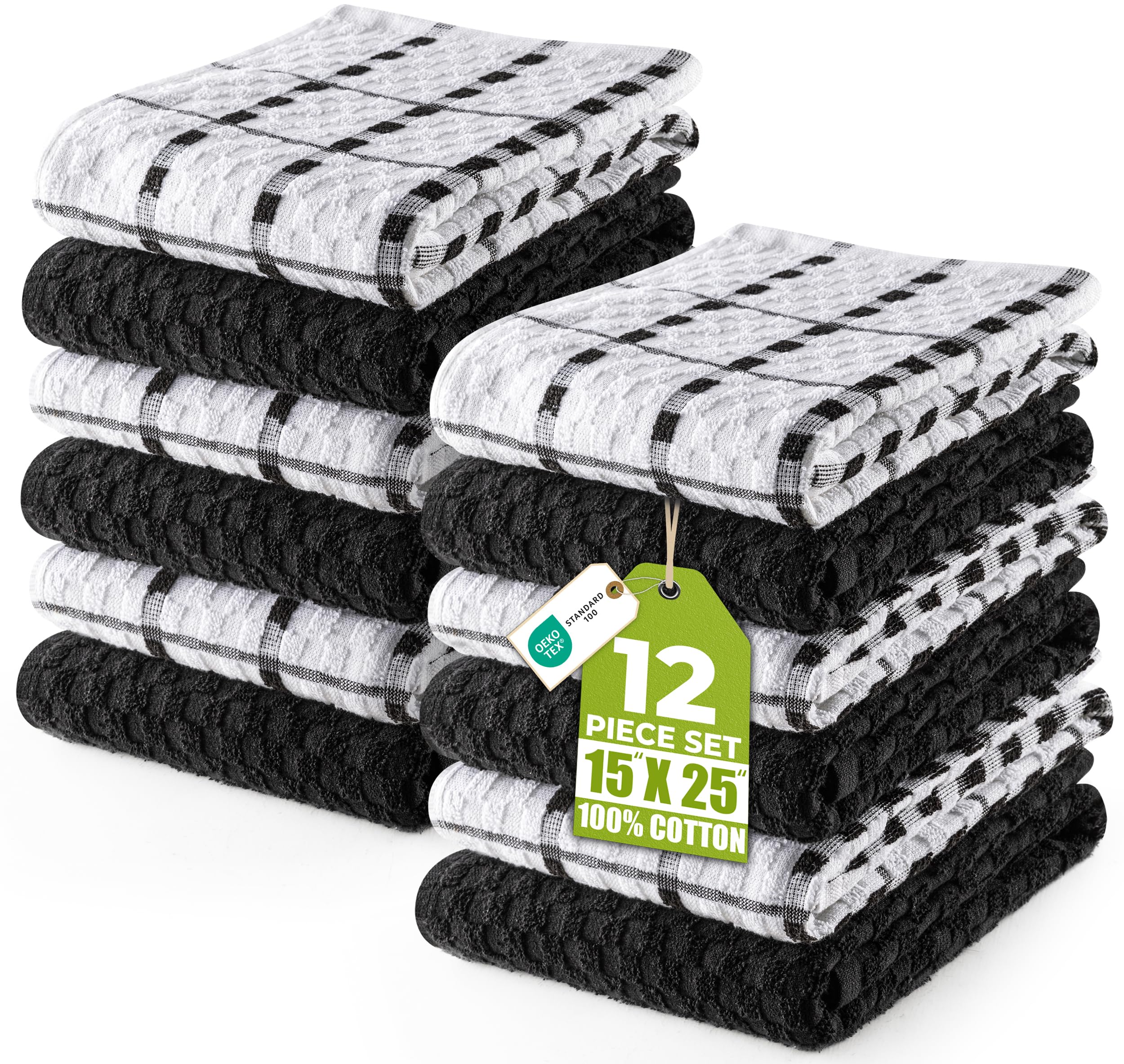 Utopia Towels Kitchen Towels, 12 Pack, 15 by 25 Inches, Dobby Weave, 100% Ring Spun Cotton, Super Soft and Absorbent Dish, Tea, and Bar Towels, Black 🍁 All In One Marketplace Canada