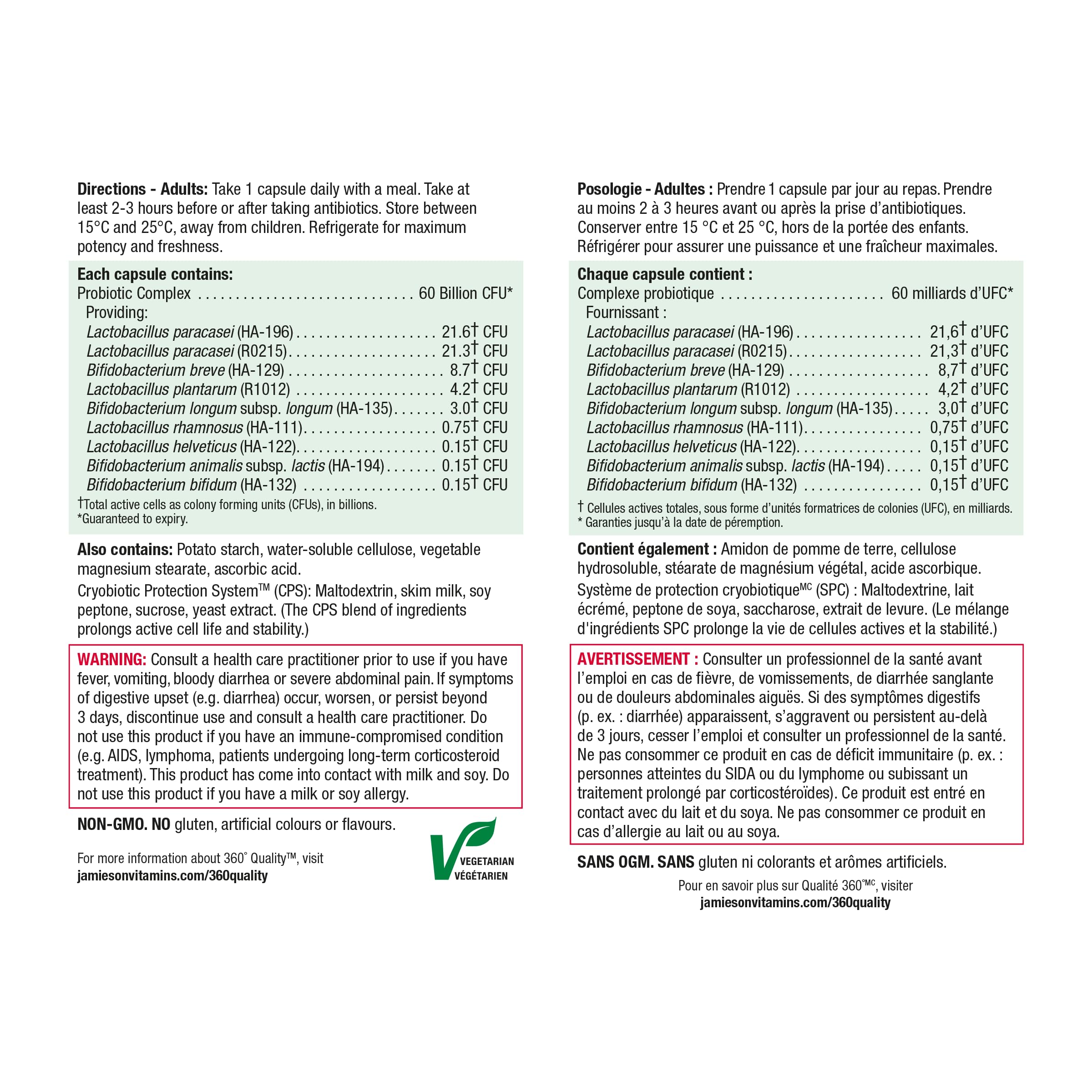 Jamieson Probiotic 60 Billion Active Cells, Ultra Strength, Supports Digestive Health and Intestinal Health. 9 Unique Strains, Including Lactobacillus and Bifidobacterium, Non-GMO, Gluten-Free, 24 Vegetarian capsules 🍁 All In One Marketplace Canada