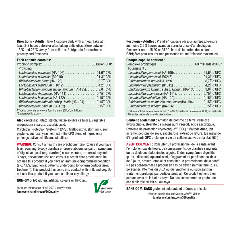 Jamieson Probiotic 60 Billion Active Cells, Ultra Strength, Supports Digestive Health and Intestinal Health. 9 Unique Strains, Including Lactobacillus and Bifidobacterium, Non-GMO, Gluten-Free, 24 Vegetarian capsules 🍁 All In One Marketplace Canada