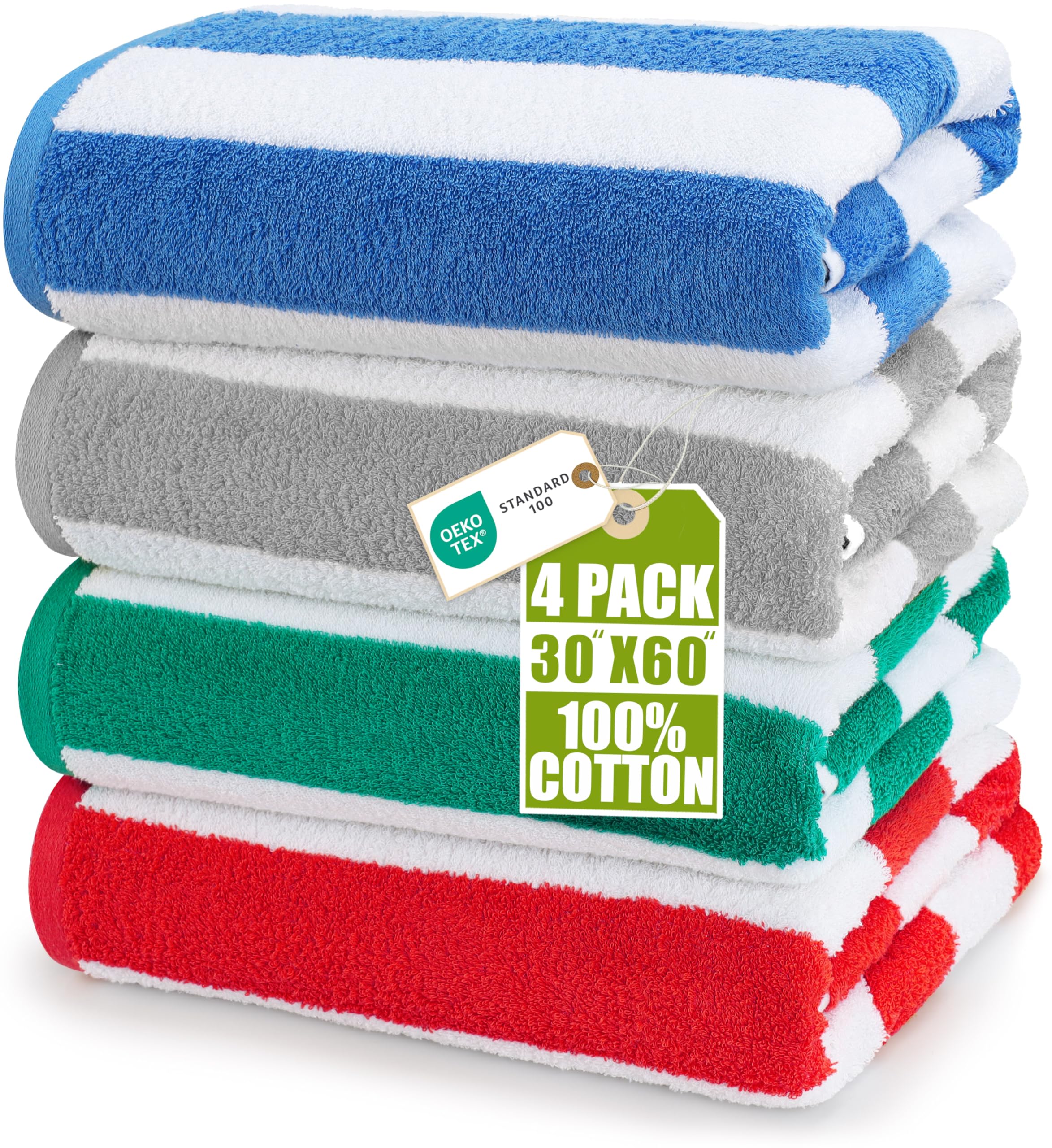 Utopia Towels 4 Pack Cabana Stripe Beach Towels (30x60 inches) - 100% Ring Spun Cotton Large Pool Towels, Soft and Quick Dry Swim Towels (Blue,Grey,Red,Green) 🍁 All In One Marketplace Canada