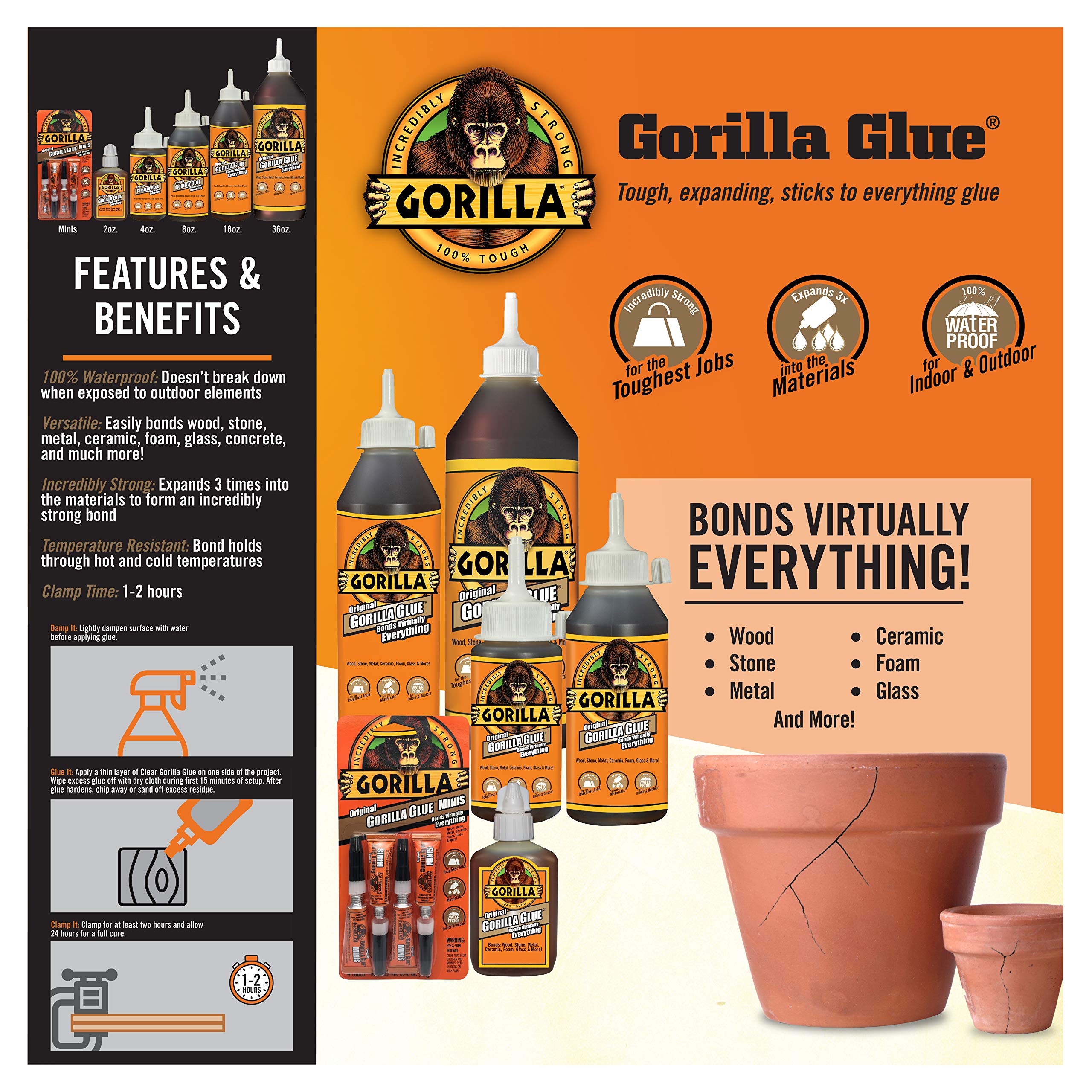 Gorilla Glue Original Minis Four Pack, 100% Waterproof, Indoor & Outdoor, Polyurethane Glue, Versatile Bonding Adhesive, Easy Application Nozzle, 4 - 3g Tubes (Pack of 1) 🍁 All In One Marketplace Canada
