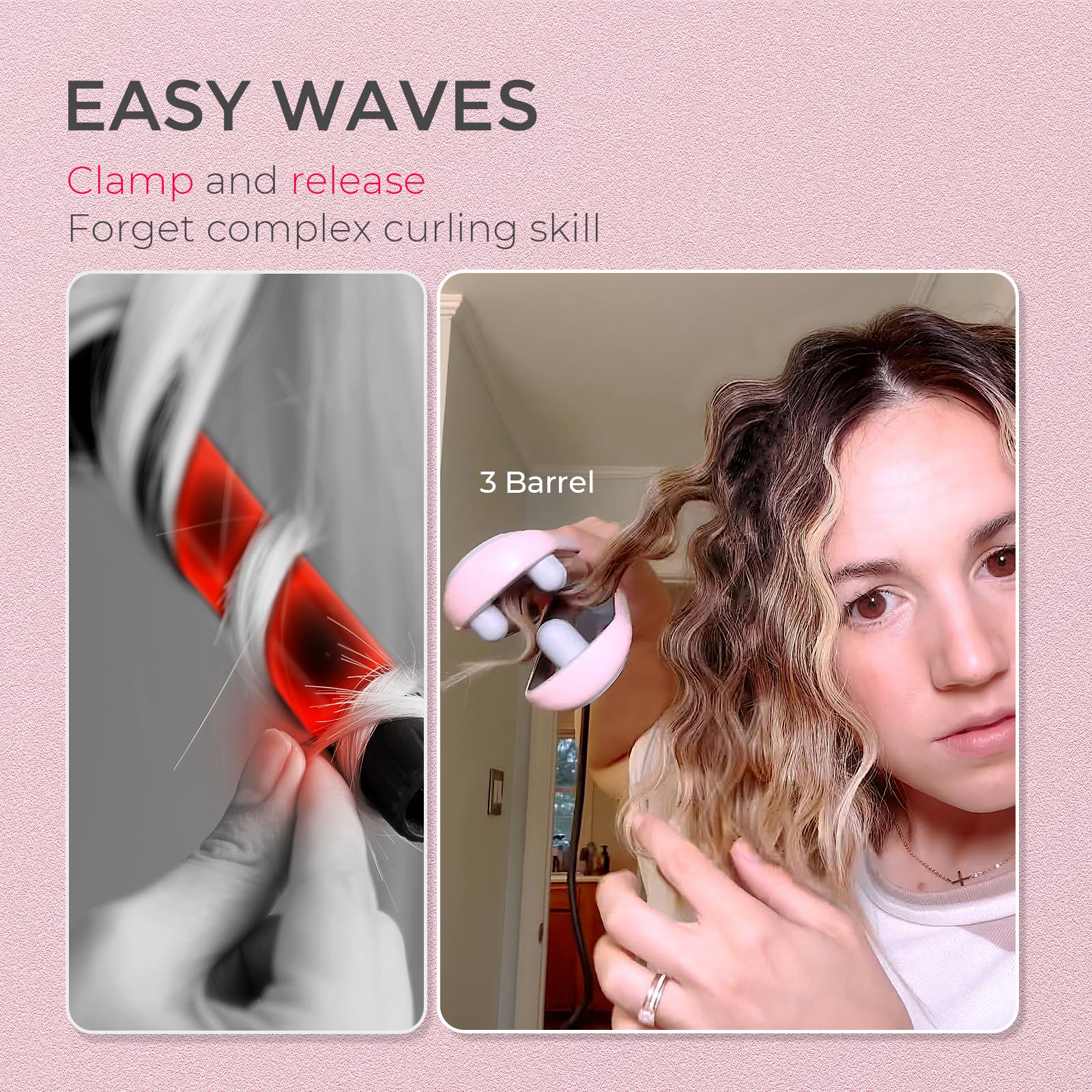 TYMO ROVY Hair Waver Curling Iron, 3-Barrel Ionic Hair Curler with 9 Heat Settings, Beach Waves Crimper for Women, Travel-Friendly, Anti-Scald, Fast Heating, Easy to Use, Pink, 1 inch 🍁 All In One Marketplace Canada