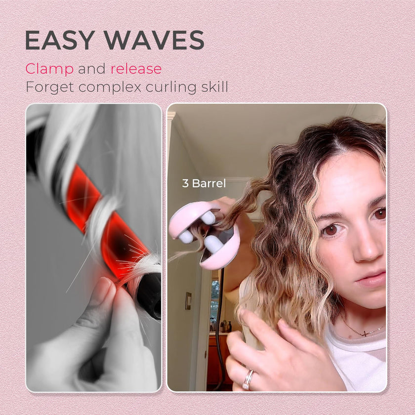 TYMO ROVY Hair Waver Curling Iron, 3-Barrel Ionic Hair Curler with 9 Heat Settings, Beach Waves Crimper for Women, Travel-Friendly, Anti-Scald, Fast Heating, Easy to Use, Pink, 1 inch 🍁 All In One Marketplace Canada