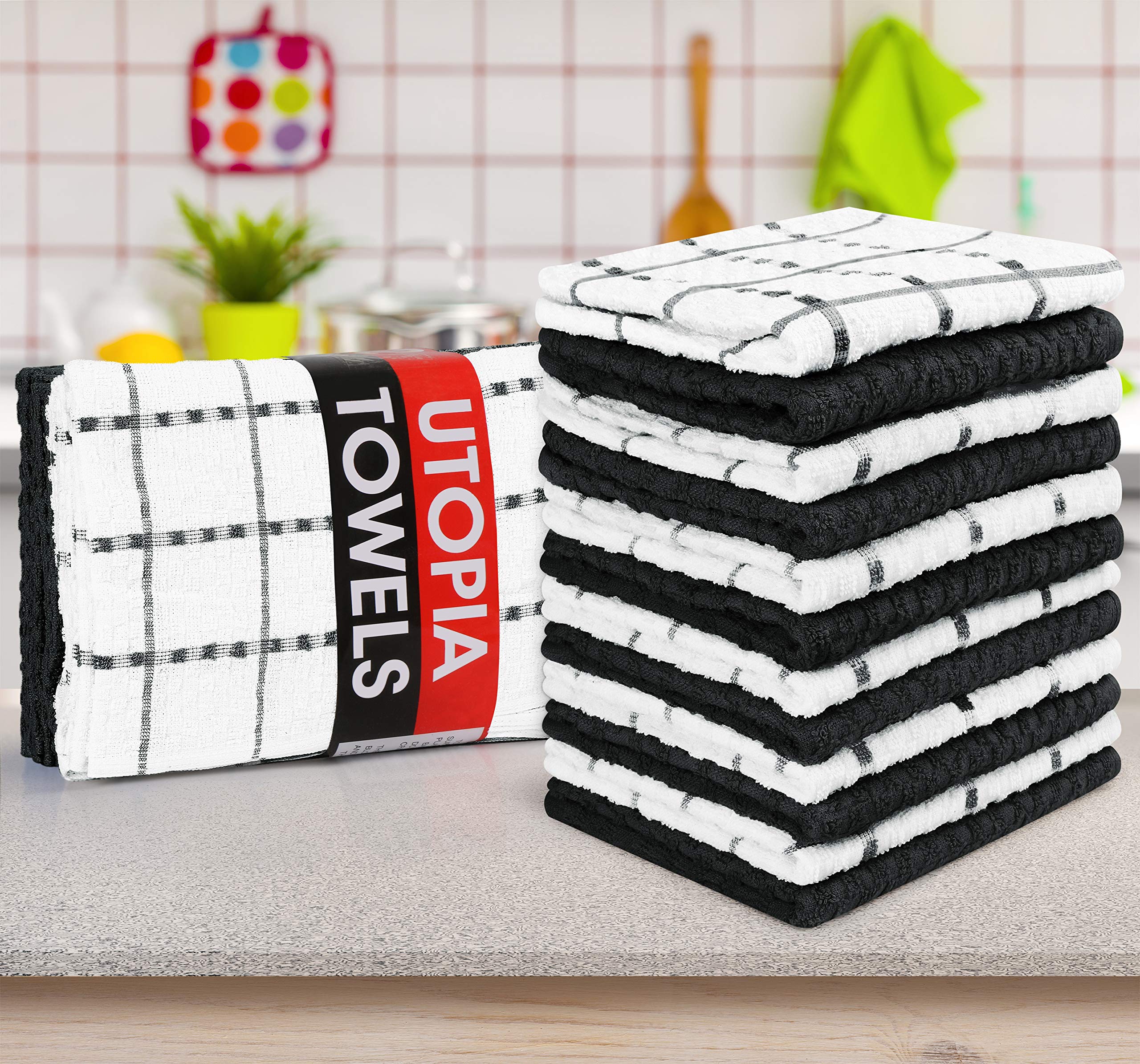 Utopia Towels Kitchen Towels, 12 Pack, 15 by 25 Inches, Dobby Weave, 100% Ring Spun Cotton, Super Soft and Absorbent Dish, Tea, and Bar Towels, Black 🍁 All In One Marketplace Canada