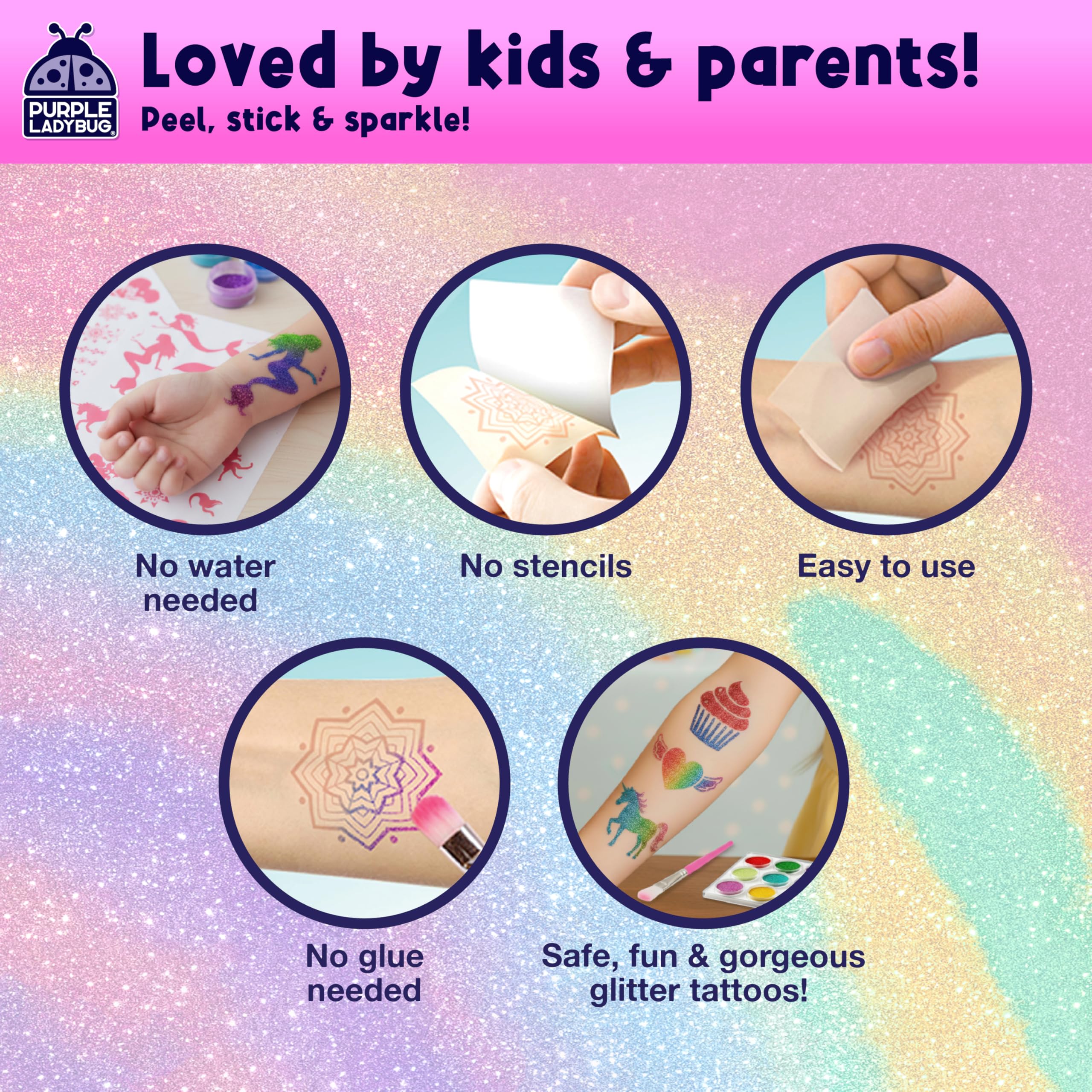 PURPLE LADYBUG 175 Glitter Tattoo Kit - Cute Temporary Tattoos for Kids 6-8 - Creative Girls Gifts 8-12 Years Old - Tween Girls Gift Ideas for Kids Age 6 7 8 9 10 11 🍁 All In One Marketplace Canada