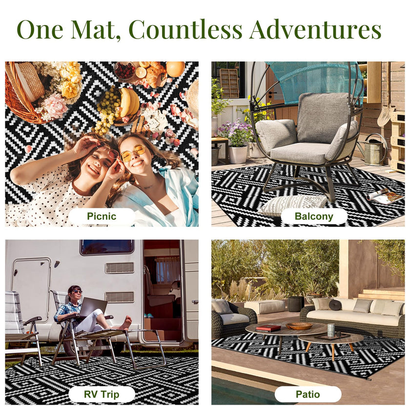 OPPODREAM Outdoor Rug 5x7 Ft, Waterproof Outdoor Plastic Straw Rug for Patio, Reversible Out Door Carpet for Camping, Deck, Rv, 5 x 7 Area Carpet Balcony, Porch, Backyard, Black and White 🍁 All In One Marketplace Canada