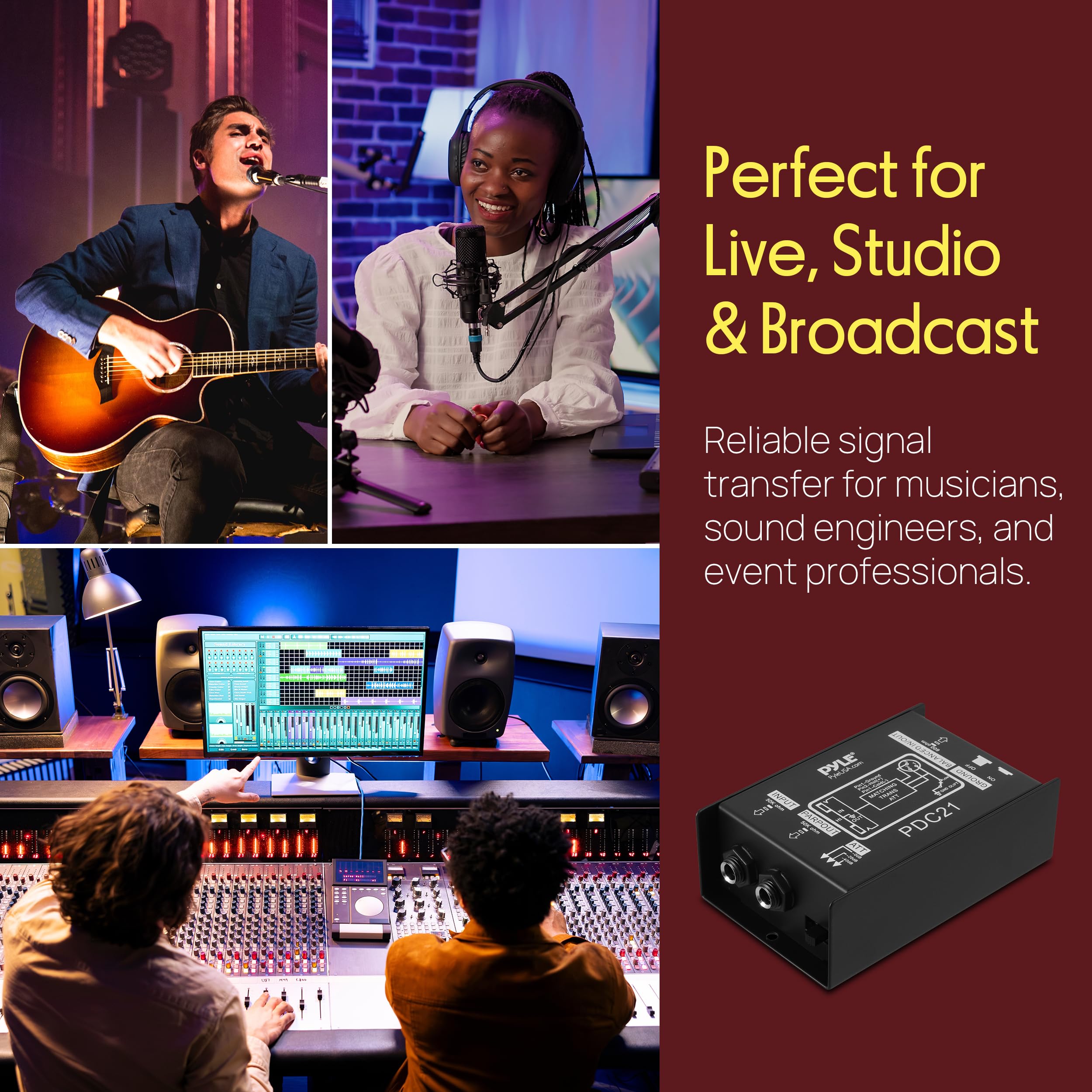 Premium Direct Injection Audio Box - Passive DI Unit Hum Eliminator w/ Input Attenuator to Connect Guitar & Bass, 1/4'' Impedance Transformer Connector to Balanced & Unbalanced XLR, Black - Pyle PDC21 🍁 All In One Marketplace Canada