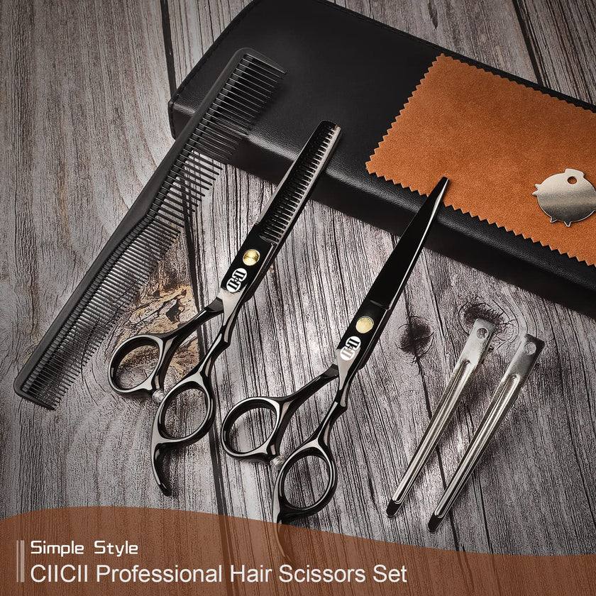 CIICII Hair Cutting Scissors Shears Kit, Professional Barber Haircut Scissors Set (6.7 Inch Hair Beard Hairdressing Trimming Haircutting Thinning Shears) for Men Women Hairdresser Home Salon (Black) 🍁 All In One Marketplace Canada