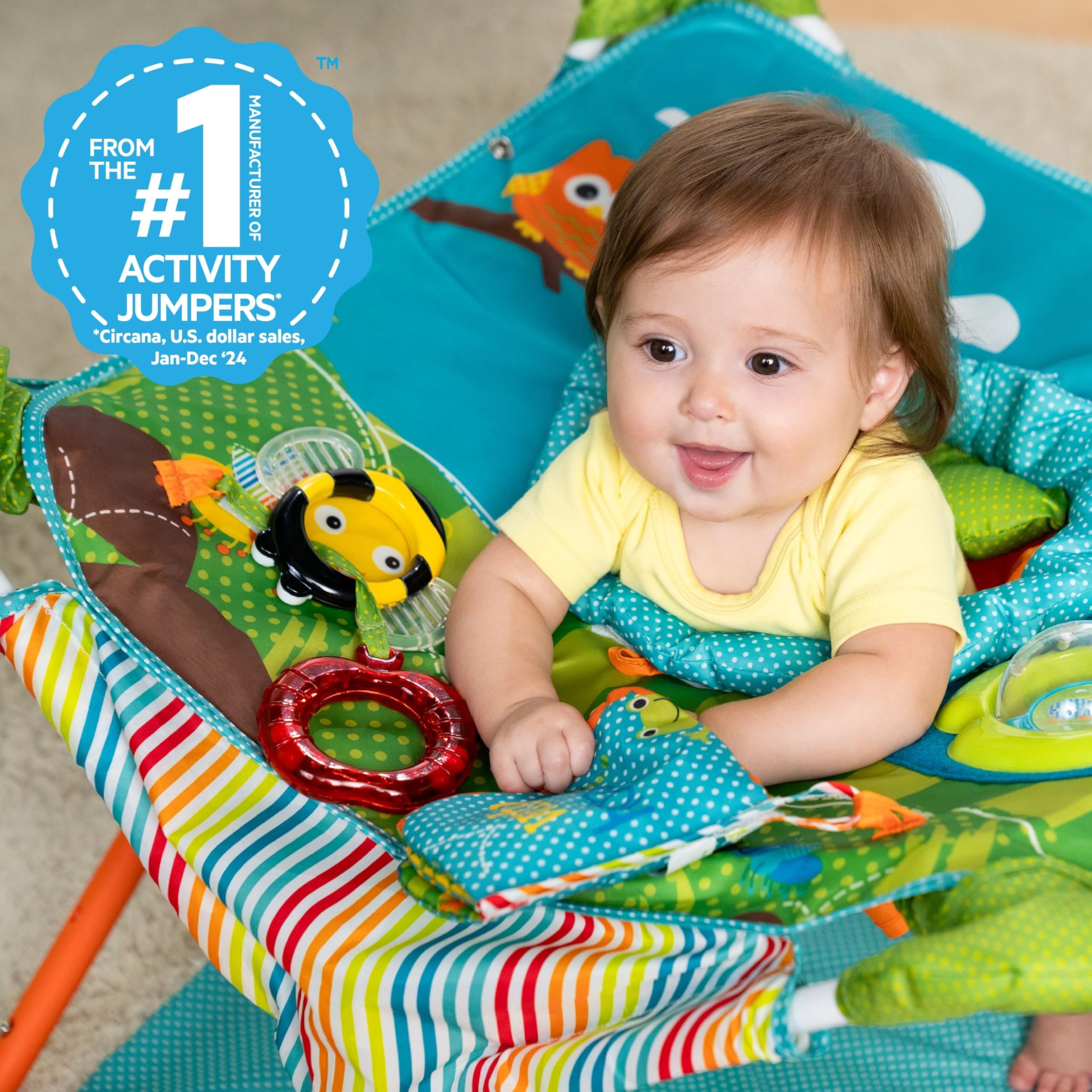 Bright Starts Pop 'N Jump Portable Activity Jumper, Indoor/Outdoor Use, Owl Forest with 4 Sensory Toys, Ages 6-12 Months 🍁 All In One Marketplace Canada