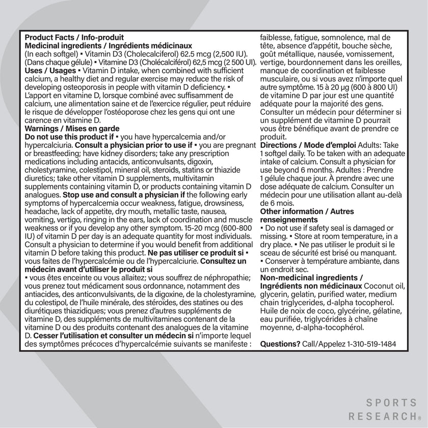 Sports Research® Vitamin D3 2500 IU with Coconut MCT Oil - High Potency Vitamin D Supplement for Immune & Bone Support - Non-GMO Verified, Gluten & Soy Free – 62.5mcg, 360 Liquid Softgels 🍁 All In One Marketplace Canada