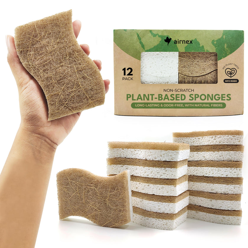 AIRNEX 12 Pack Natural Sponges for Dishes - Biodegradable Sponges for Kitchen - Plant Based Cellulose & Coconut Natural Dish Sponge - Non Toxic Eco Friendly Sponges, Non Scratch Kitchen Scrubber 🍁 All In One Marketplace Canada