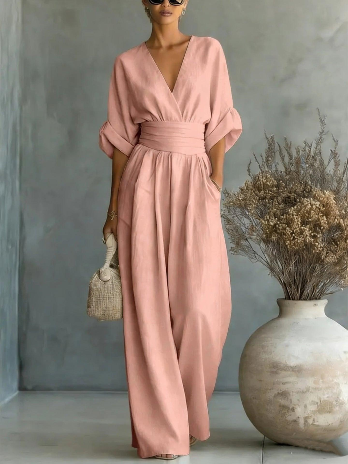 Women's Wide-Leg Jumpsuit High Waist Pleated Three-Quarter Sleeve Elegant Workwear