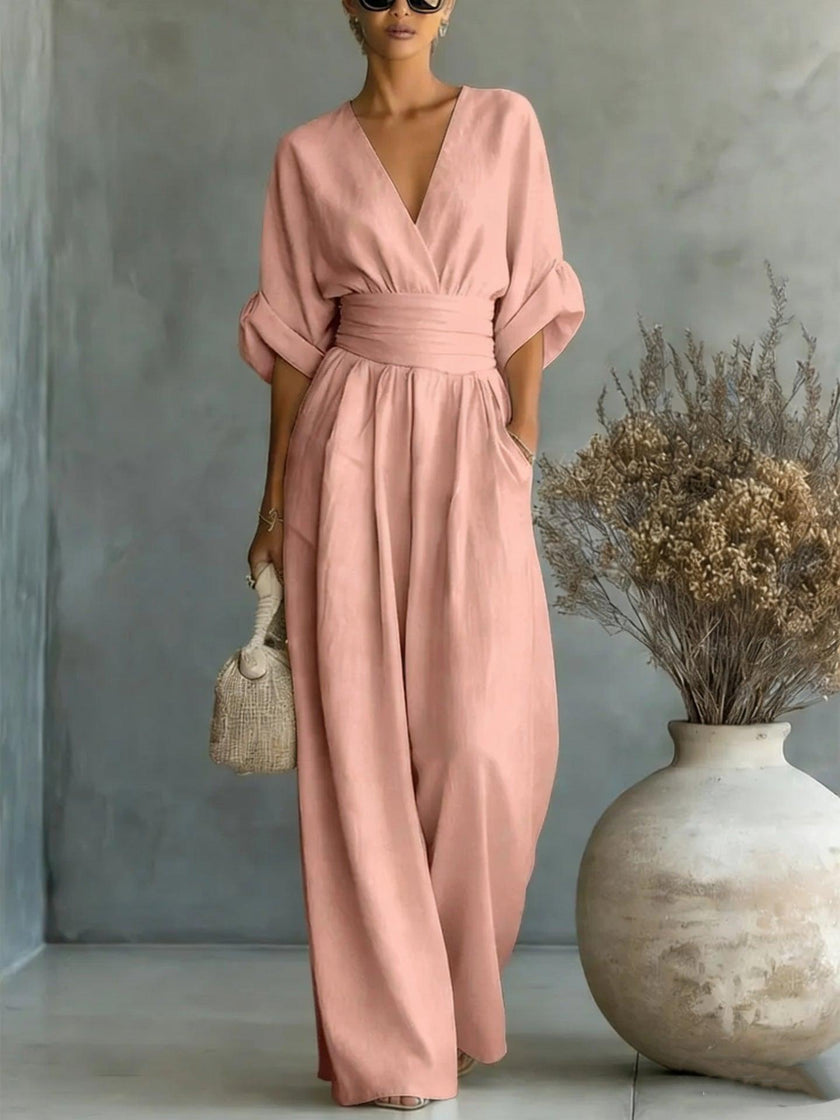 Women's Wide-Leg Jumpsuit High Waist Pleated Three-Quarter Sleeve Elegant Workwear