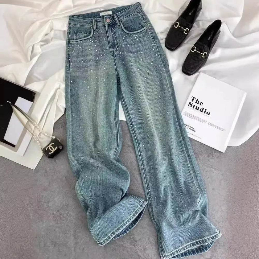 Starry Diamond In The Debris Rhinestone Straight Baggy Jeans Pant For Women