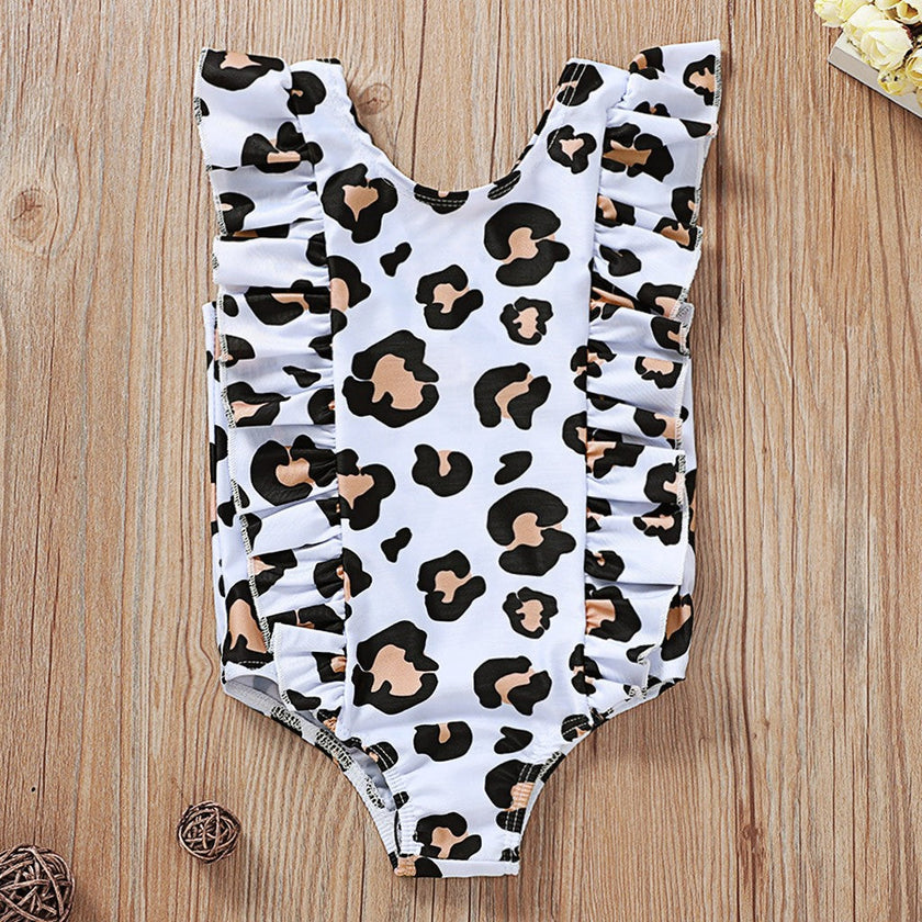 Girls Leopard Print One-Piece Swimsuit – Sleeveless Nylon Swimwear for Kids (80–120cm)