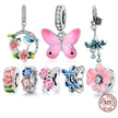925 Sterling Silver Colorful Birds Flowers Leaves Cz Pendant - Jewelry Charm For Bracelets And Necklaces