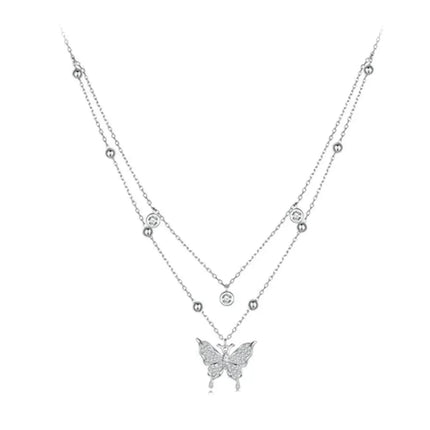 925 Sterling Silver Double-layer Tassel Butterfly Pendant Necklace for Women - Elegant Fine jewelry