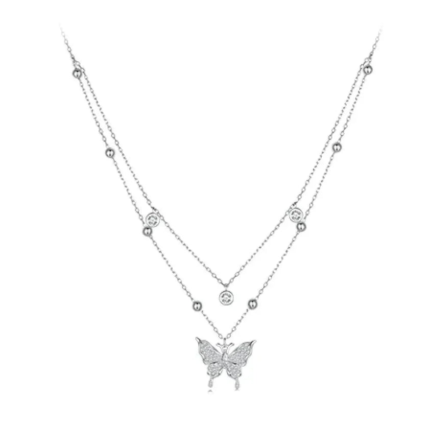 925 Sterling Silver Double-layer Tassel Butterfly Pendant Necklace for Women - Elegant Fine jewelry