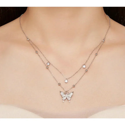 925 Sterling Silver Double-layer Tassel Butterfly Pendant Necklace for Women - Elegant Fine jewelry