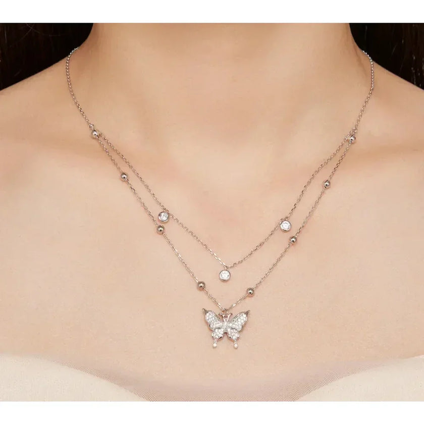 925 Sterling Silver Double-layer Tassel Butterfly Pendant Necklace for Women - Elegant Fine jewelry