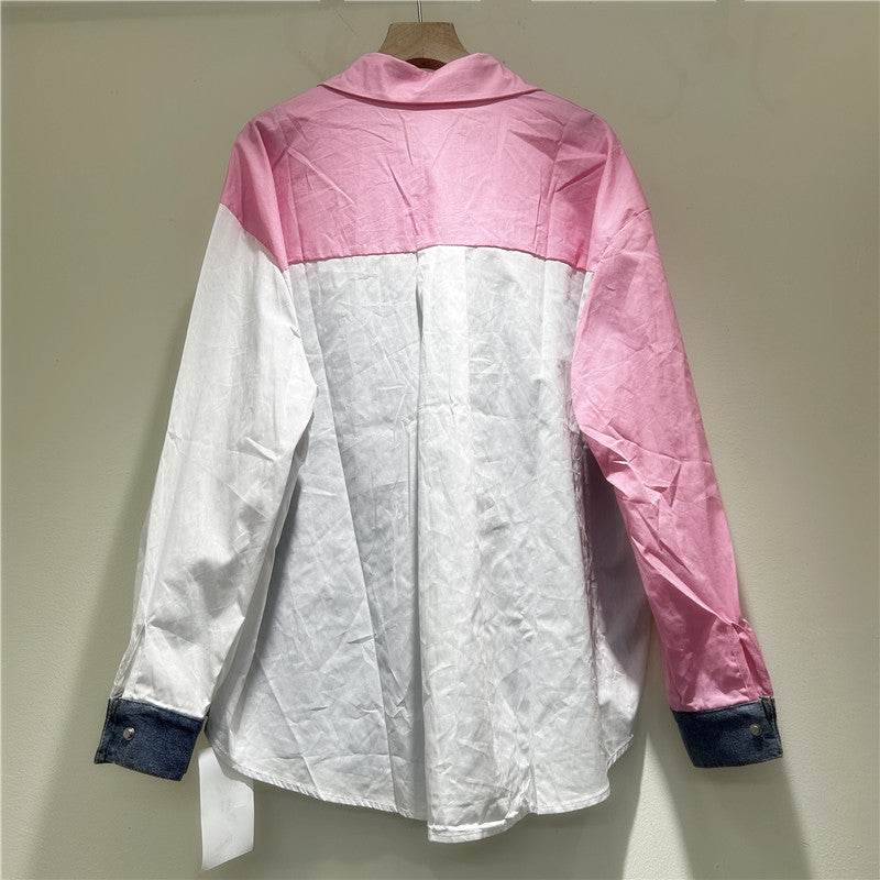High-grade Contrast Color Patchwork Cotton Denim Long Sleeve Loose Shirt Women