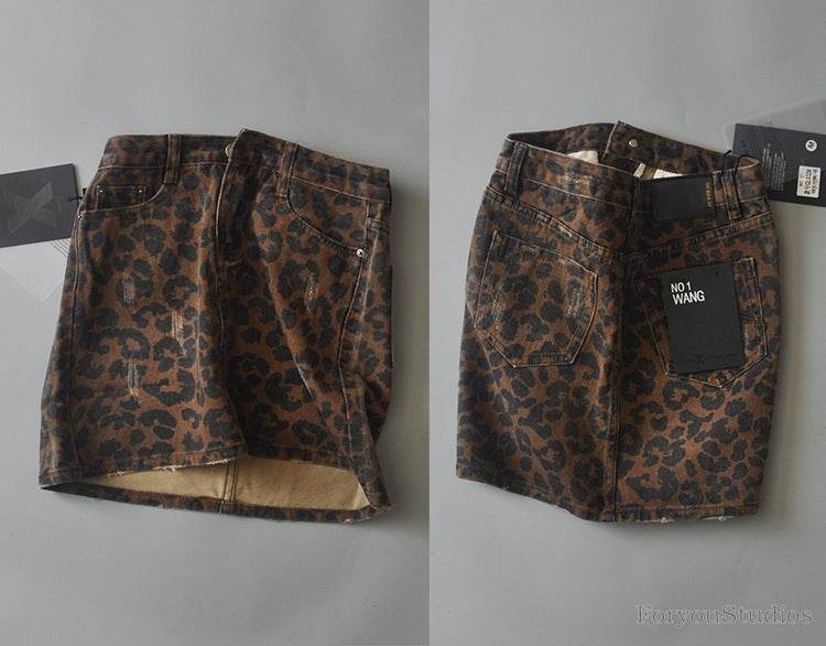 Leopard Print Mini Denim Skirt Women's High Waist Pencil Skirt