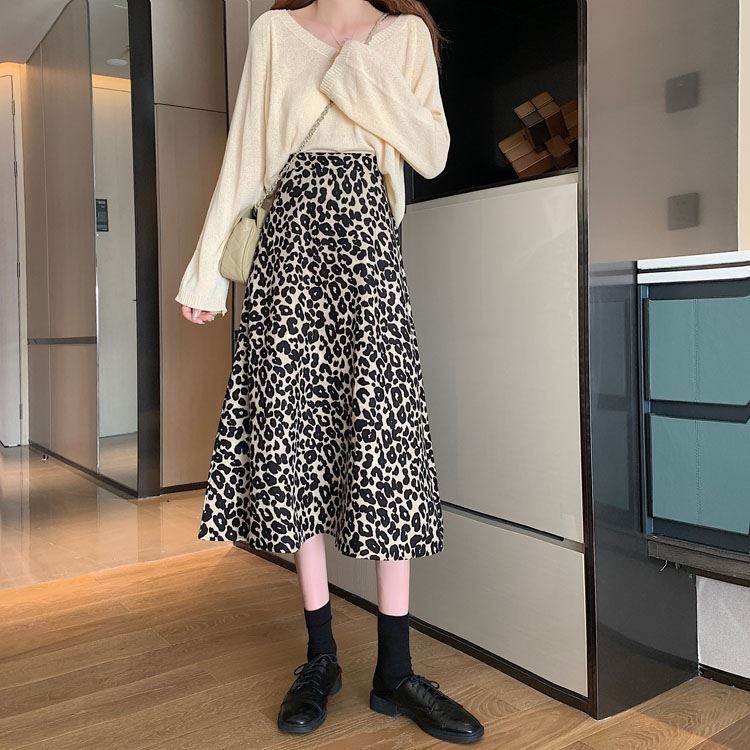 Women High waist Leopard color Midi Skirt