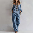 Off-shouder Suits Fashion Three-quarter Sleeves Top And Loose Pockets Wide-Leg Pants Set Women's Clothing