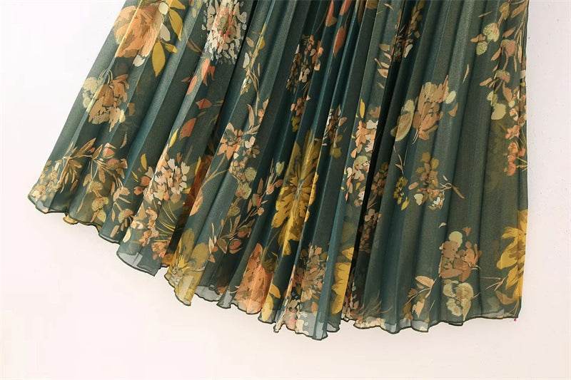2pcs Floral Satin Skirt suit Long sleeve button shirt and Pleated Midi Skirt Outfit set