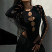 Women's Multi-Hollow Cutout Round Neck Long Sleeve Bodysuit – Black (S/M/L)