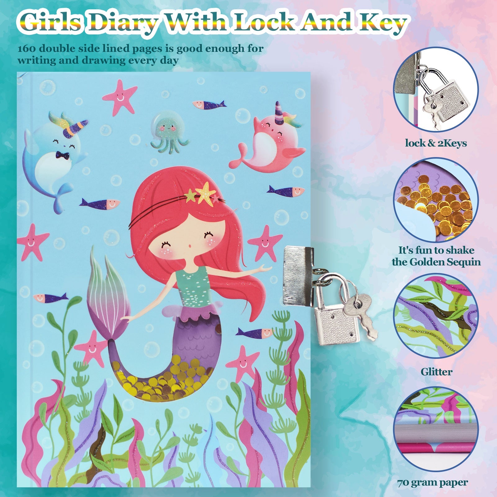 Girls' Mermaid Diary With Lock and Key – Sequin Shaker Notebook for Kids
