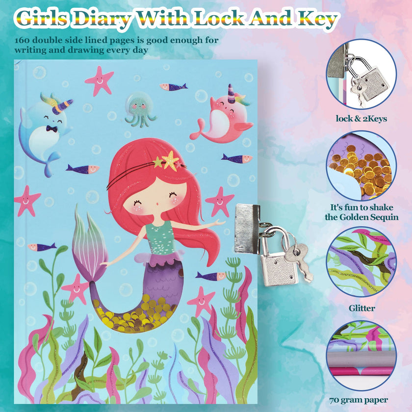Girls' Mermaid Diary With Lock and Key – Sequin Shaker Notebook for Kids