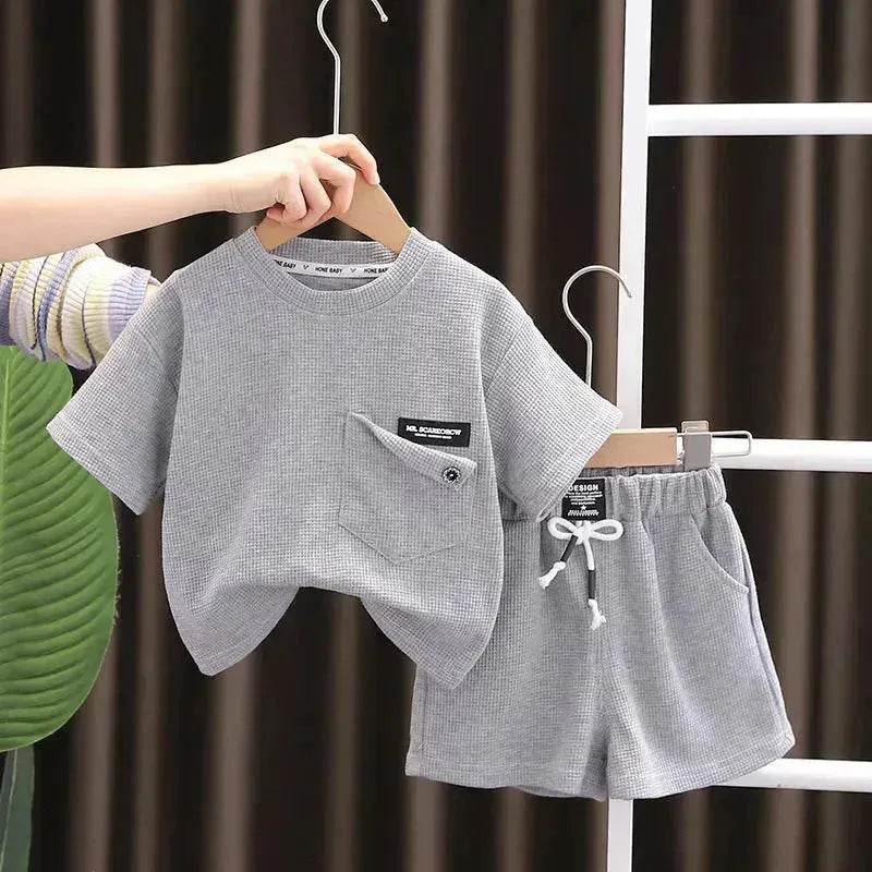 Children's Summer Clothing Casual Plain color Cotton Short Sleeve shirt and Short pant Two-piece Set