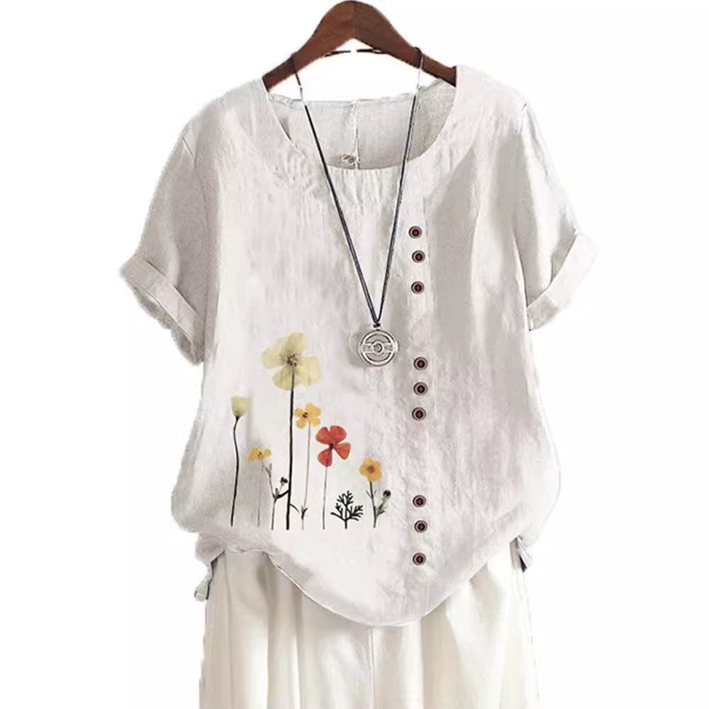 Women's Casual Printed Cotton Linen Short Sleeve Blouse Top