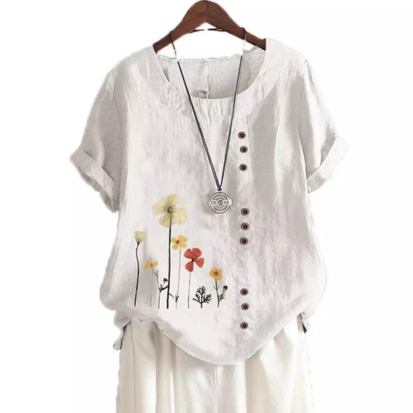 Women's Casual Printed Cotton Linen Short Sleeve Blouse Top