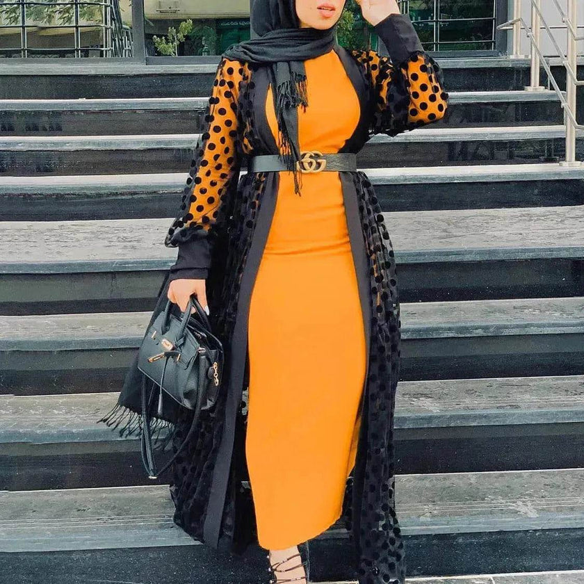 Middle East Apparel Women's Cross-border Polka Dot Perspective Cardigan Long Shawl Open Front Abaya Kimono Abaya for Dubai Turkey Women Two piece