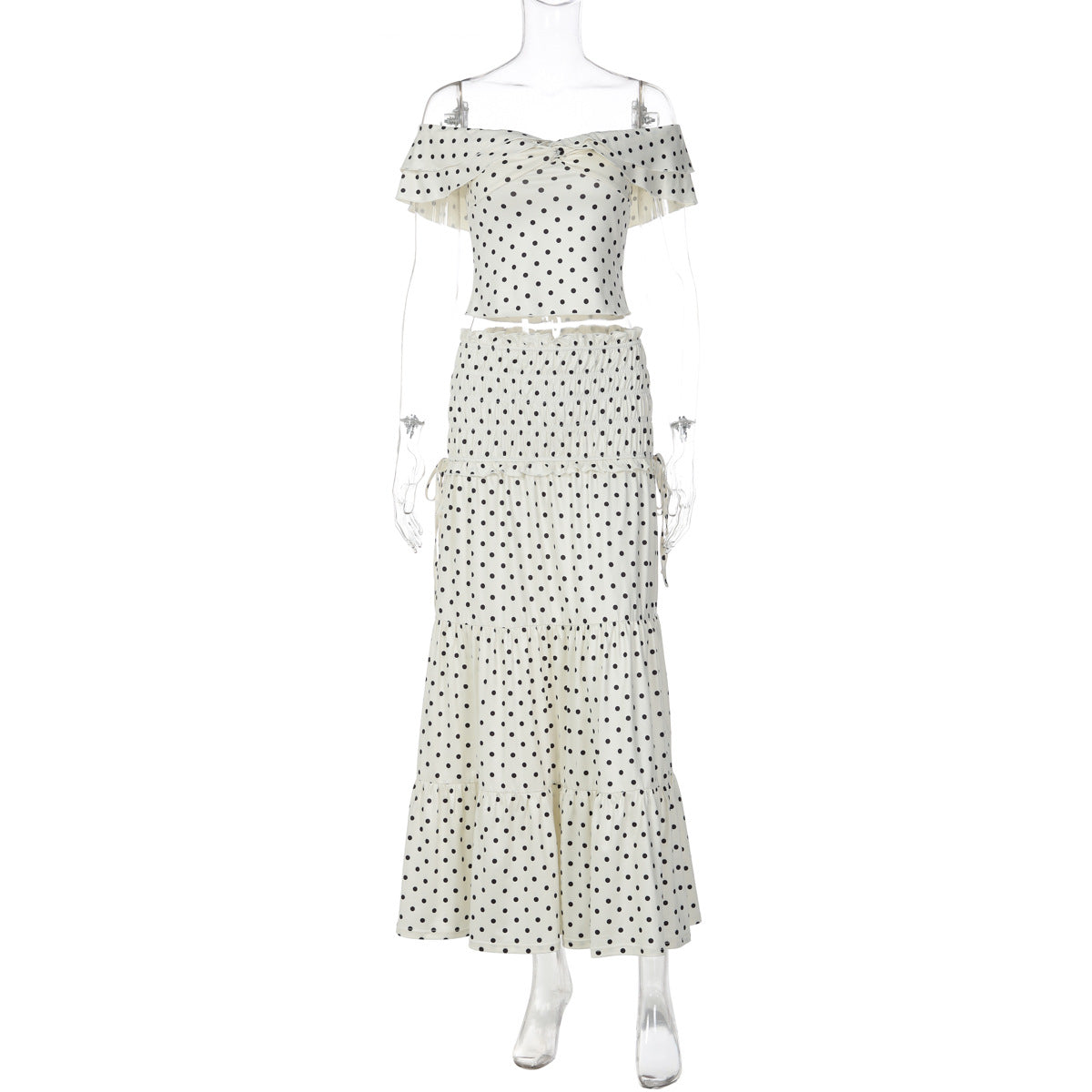 Polka-Dot Off-Shoulder Tube Top & Long Skirt Set with Side Bow | Women's Two-Piece