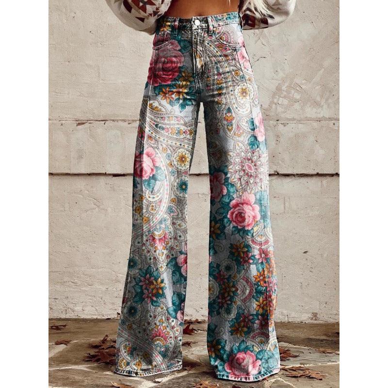 Women's 3D Graphic Print Flare Pants – Plus Size Mid-Waist Wide Leg Printed Trousers