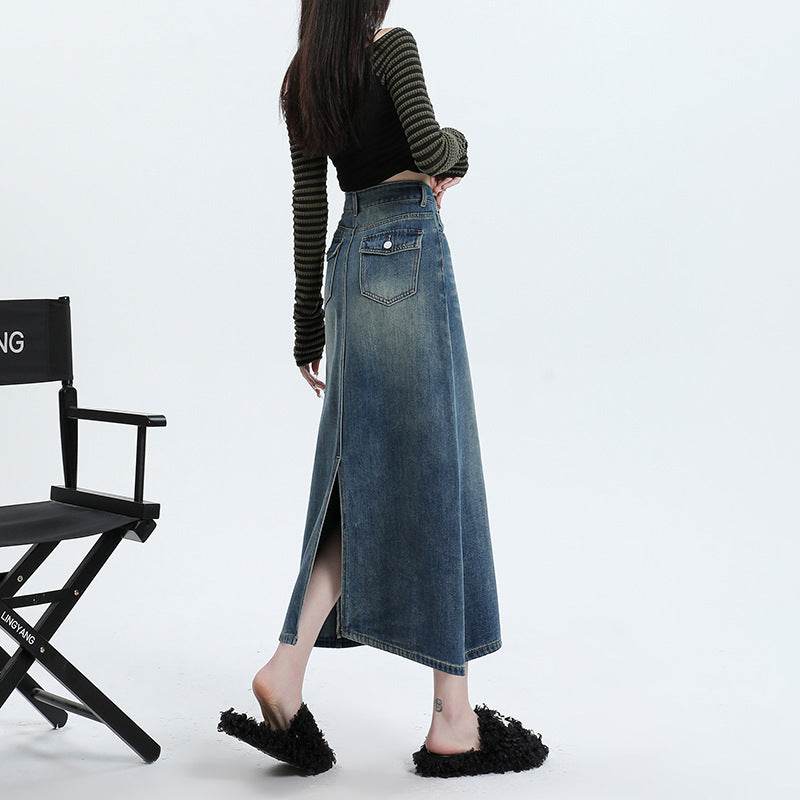 High Waisted Denim Skirt Long Cotton Solid Style