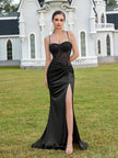 Black Satin Corset Gown with Lace Bodice and High Slit – Elegant Evening Dress
