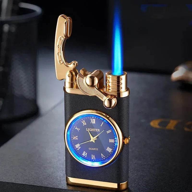 New Lighter With Electric Watch Rocker Arm Automatic Ignition Straight Blue Flame Lighter Creative Real Dial Inflatable Windproof Cigar Lighter Men's Watch Gift