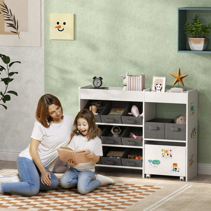 Qaba Kids Storage Unit, 11 Fabric Bins, MDF Cabinet, Top Shelves, 3 Stickers, ASTM Certified, Ages 3-8, White