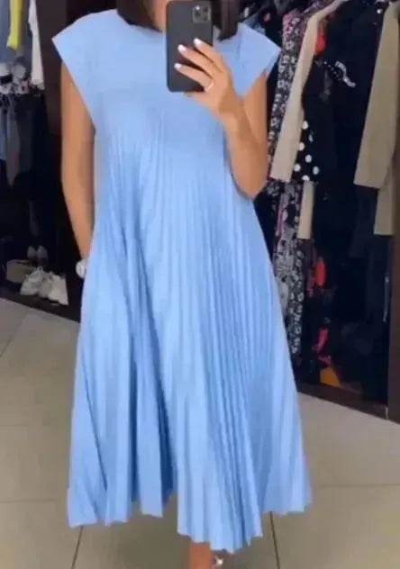 Women Summer Pleated Maxi Dress Casual Short Sleeve Crewneck Flowy Swing Long Dress with Pockets