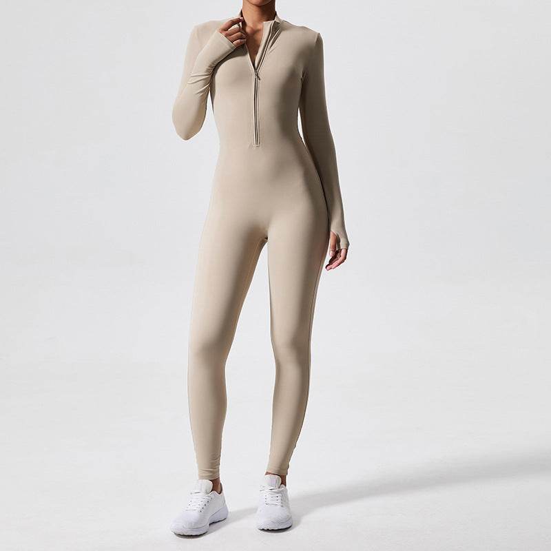 Athleisure Bodycon Long Sleeve Turtleneck Zip up Hip Raise Workout Yoga Jumpsuit Activewear for Women