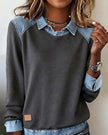 Denim Collar Long Sleeve Patchwork Knit Pullover Top – 16 Colours, S–XXXL