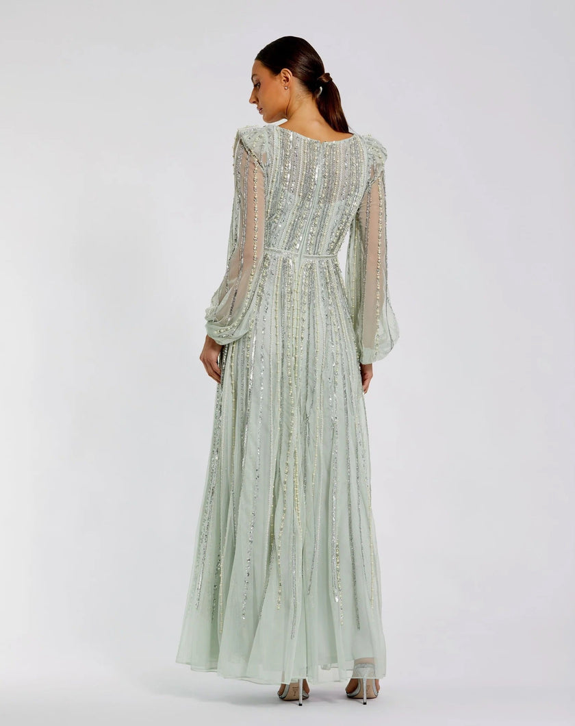 Boat Neck Long Sleeve Gown With Striped Beading
